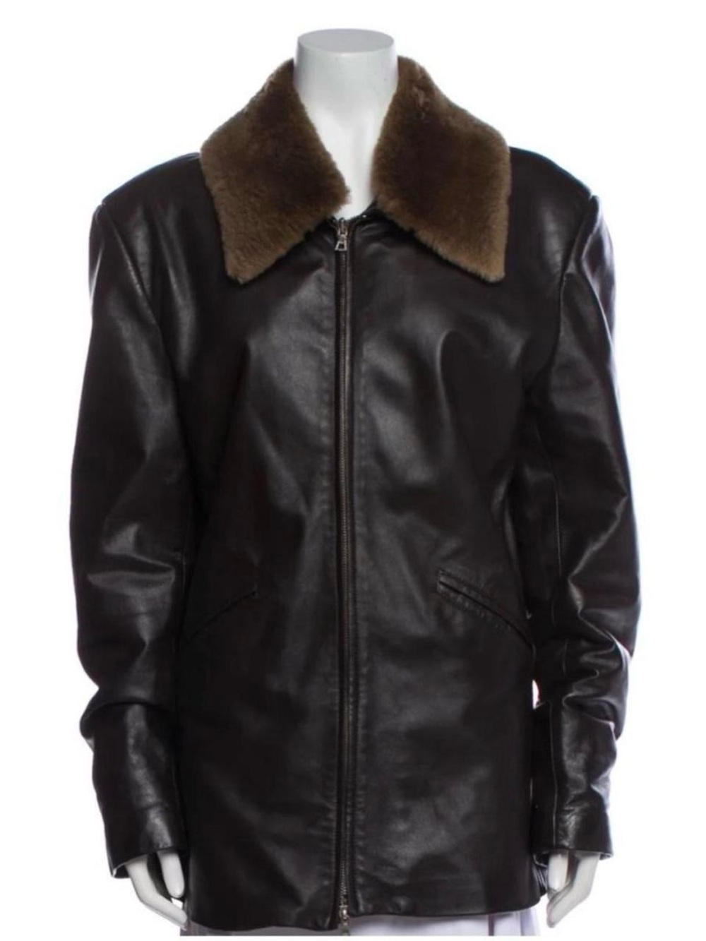 Burberry Dark Brown Leather Jacket with Brown Fur Collar
